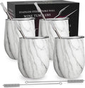 CHILLOUT LIFE 12 oz Stainless Steel Wine Tumblers 4 Pack - Double Wall Vacuum Insulated Wine Glasses Cups with Lids and Straws Set Keeping Cold & Hot for Coffee, Beer, Ice Cream - Carrara Marble
