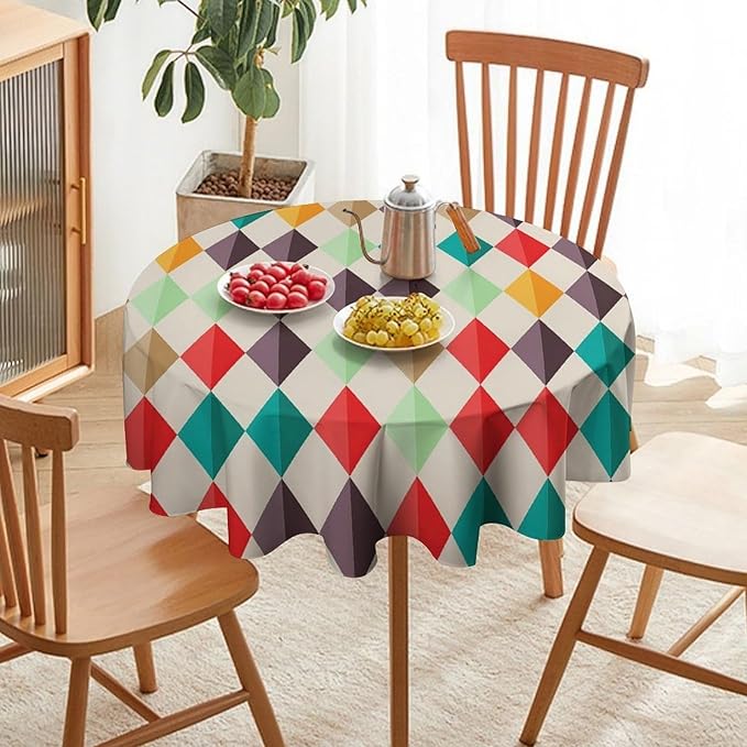 Abstract Geometric Round Tablecloth, Modern Mid Century Background Mid Century Colorful Print Pattern Tablecloth for Home Party Dining Room Kitchen Decor 70Inch(178cm)