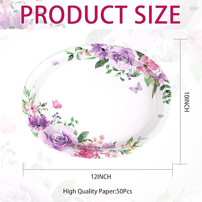50Pcs Floral Oval Paper Plates 10" x 12" Large Heavy Duty Disposable Watercolor Purple Floral Butterfly Paper Plates Spring Rose Flower Dessert Platters for Bridal Shower Wedding Supplies Decorations