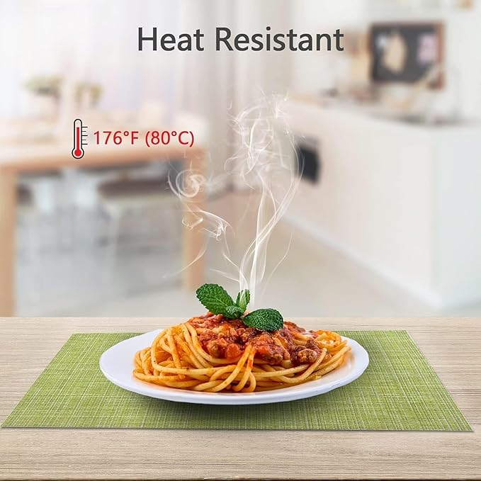 DACHUI Placemats Set of 8, Linen Look Woven Place Mats, Water Resistant, Heat Resistant, Washable, Durable Table Mats (Green)