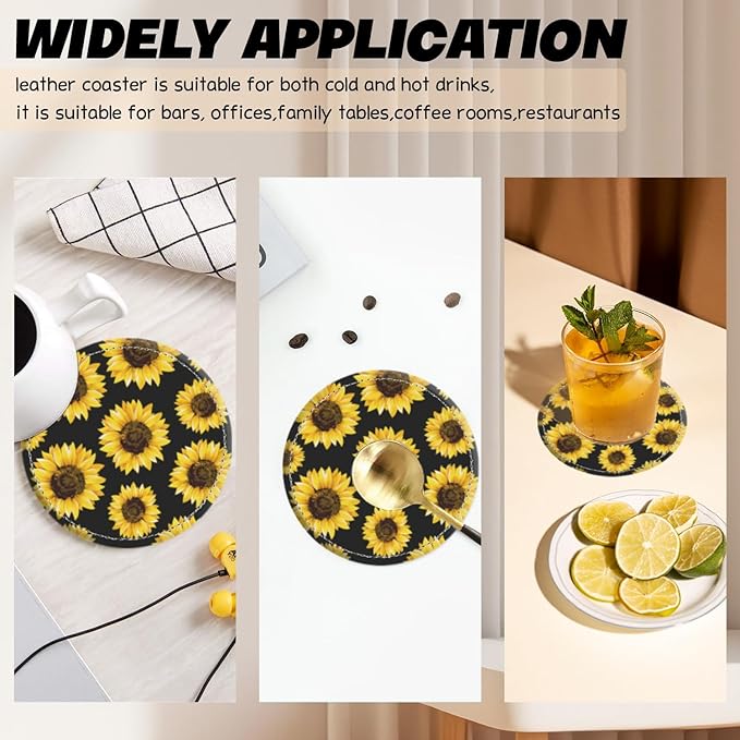 Coasters for Drinks PU Leather,Set of 6 with Holder,Round Housewarming Gift Home Decor,Sunflower On Black Background