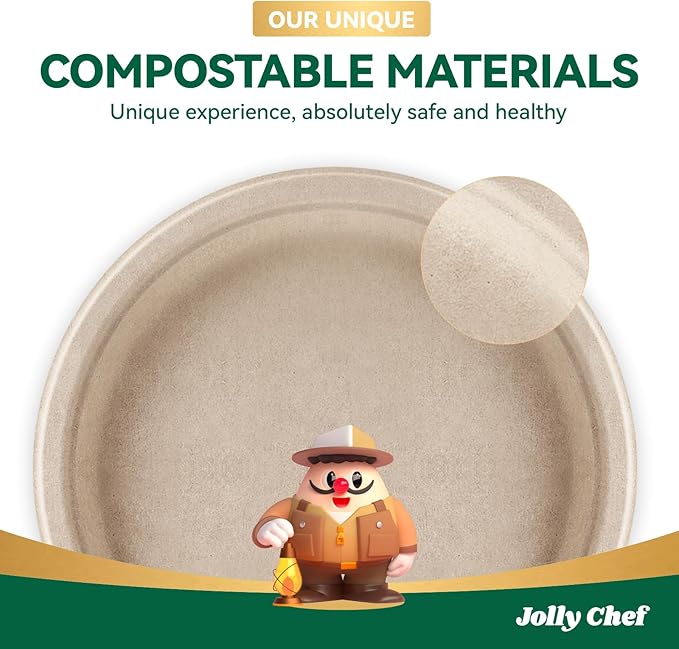 JOLLY CHEF Compostable Heavy Duty Plates 𝟭𝟬 𝗜𝗻𝗰𝗵 [𝟭𝟱𝟬 𝗣𝗮𝗰𝗸] Eco-Friendly Disposable Natural Paper Plates Bagasse Biodegradable Bulk for Party Dinner Thanksgiving Day (Brown)