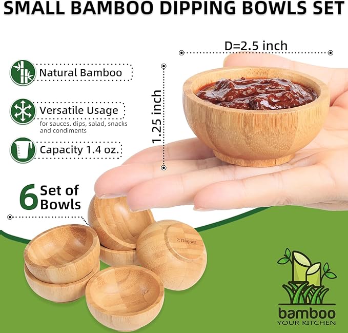 Dipping Bowls Set, Small Bamboo Pinch Bowls for Soy Sauce/Condiment/Snacks, Mini Serving Bowls for Charcuterie Board for BBQ/Entertaining, 1.4 oz Bamboo Wooden Ramekins