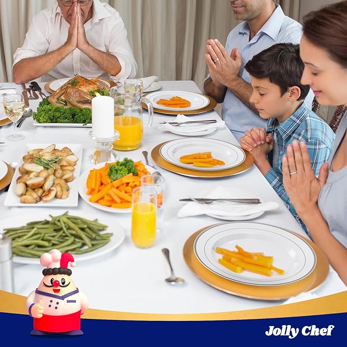 JOLLY CHEF 100 Pieces Silver Plastic Plates, 10 Inch Disposable Plates White Plate with Silver Rim, Heavy Duty Plastic Plates for Christmas, Birthdays and Weddings