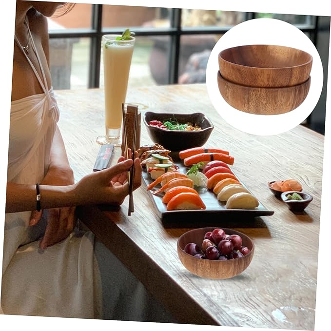 2Pcs Acacia Small Serving Bowl Set Flat Bottom Bowls for Salad and Dessert Smooth Finish for Entertaining and Everyday Use