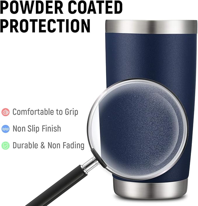 COMOOO 20oz Double Wall Vacuum Insulated Travel Mug, Stainless Steel Tumbler with Lid and Straw Durable Powder Coated Insulated Coffee Cup for Cold & Hot Drinks (Navy. 2 pack