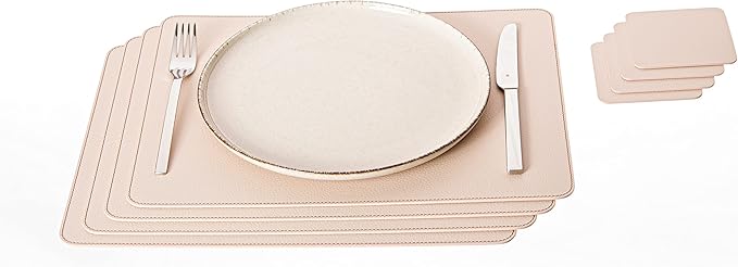 Nikalaz Set of 4 Placemats and 4 Coasters Made of Recycled Leather (18''x13'', Creamy White/Beige)
