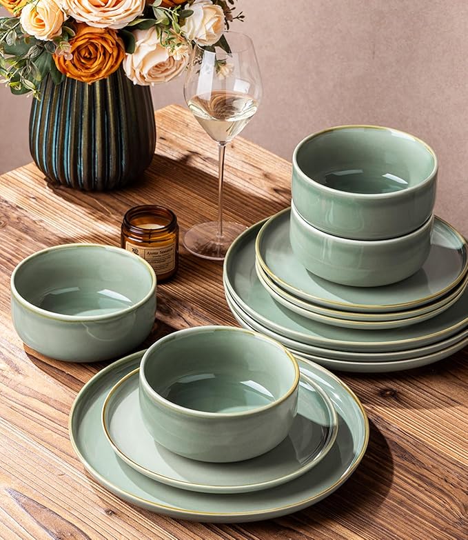 TheTerra Ceramic Dinnerware Sets for 4, 12 Pieces Handmade Reactive Glaze Plates and Bowls Set, Scratch Resistant Dish Set, Oven & Microwave & Dishwasher Safe, Eucalyptus