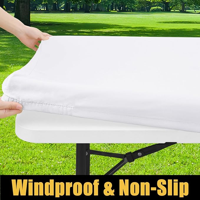 Smiry Rectangle Picnic Table Cloth, Waterproof Elastic Fitted Tablecloths for 6 Foot Tables, Washable Polyester Table Cover for Camping, Indoor and Outdoor (White, 30"x72")