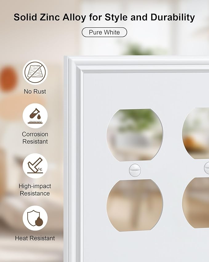 2-Pack Double Duplex Outlet Cover, Pure White Decorative Switch Plates and Outlet Covers for Electrical Outlets, Durable Zinc Alloy Wall Plates, 2 Gang Receptacle Cover, Corrosion Resistant