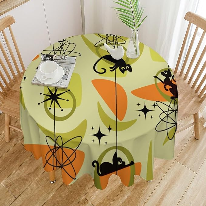 Mid Century Black Cat Round Tablecloth, Vintage Modern Bohemian Abstract Geometric Retro Art Tablecloth for Home Party Dining Room Kitchen Decor 36Inch(90cm)