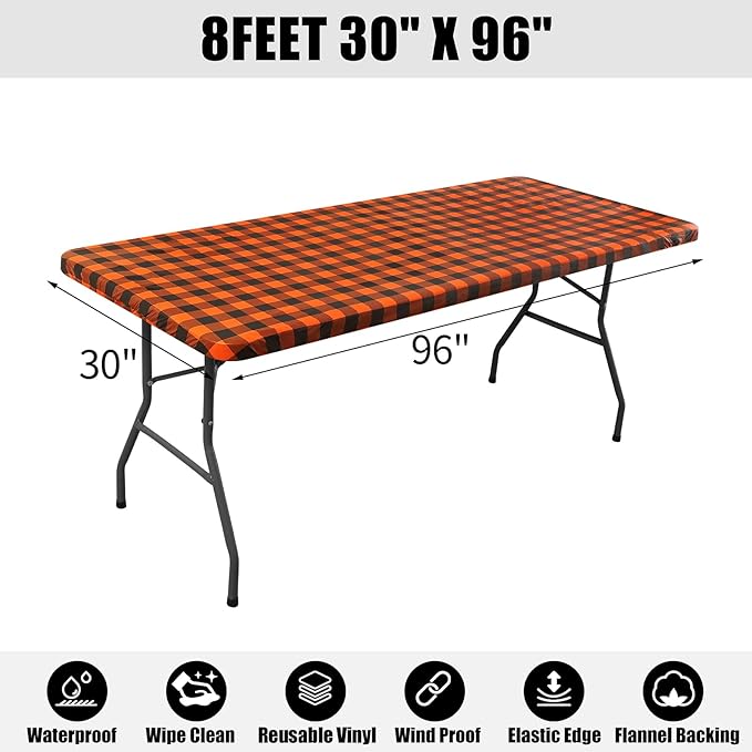 Smiry Rectangle Picnic Table Cloth, Elastic Waterproof Fitted Vinyl Tablecloths, Flannel Backed Buffalo Plaid Table Covers for Dining, Camping, Outdoor (Black and Orange, 30" x 96")