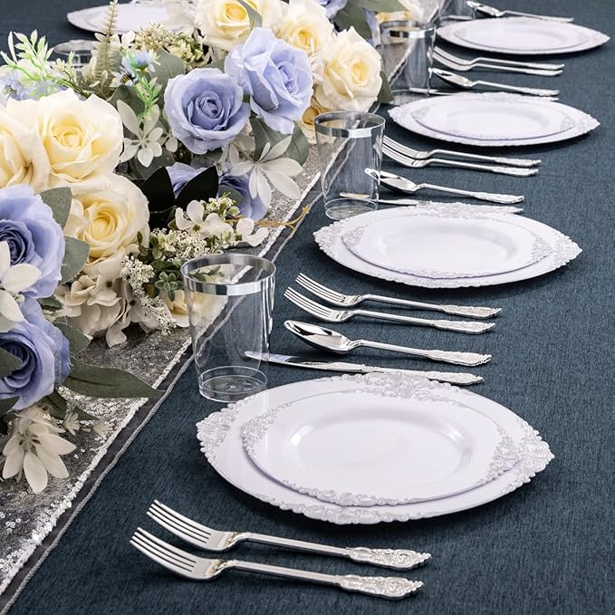 Hioasis 100pcs White Silver Plastic Plates for Party - 7.5" Dessert Plates Disposable, Heavy -duty, Classy and Elegant for Wedding
