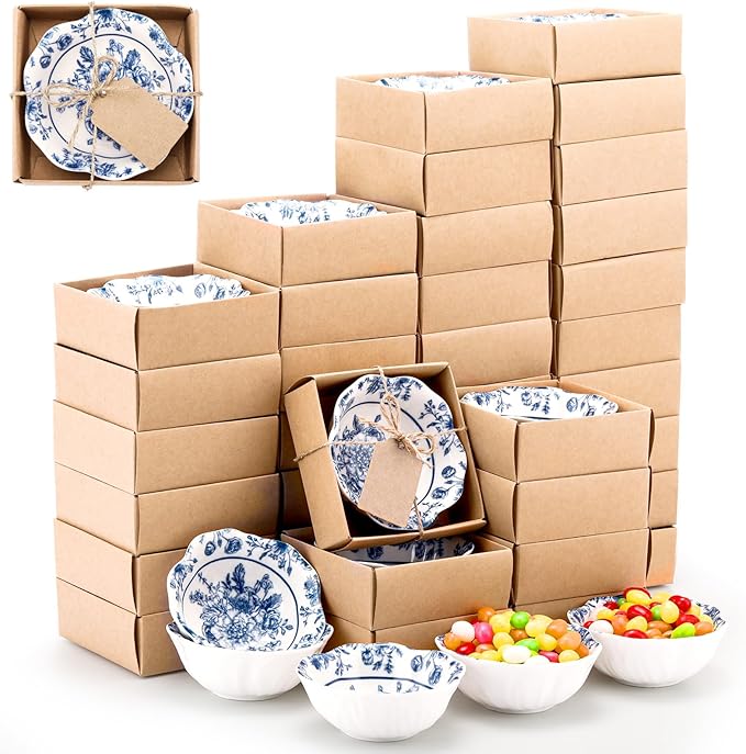 48 Pcs Wedding Favors for Guests Small Ceramic Bowl Bulk Gifts Set 3.3 Inch Floral Design Mini Dipping Sauce Dish with Card Box for Bridal Pooja Baby Shower Birthday Guest Gift (Blue)