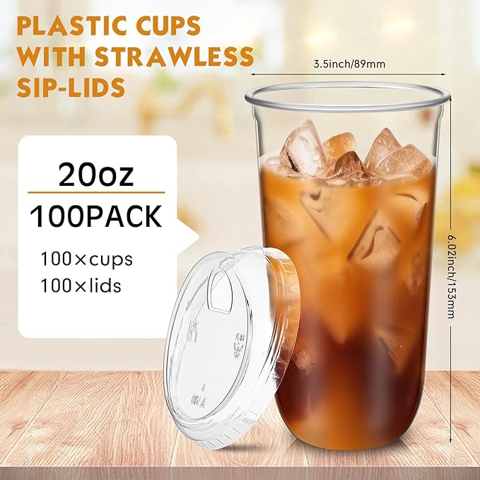 Baderke 100 Pcs Plastic Cups with Sip Lids Round Bottom Disposable Plastic Coffee Cups with Lids Clear Strawless Crystal Mugs for Iced Coffee Smoothie Cold Beverage Party Catering Supplies (20 oz)