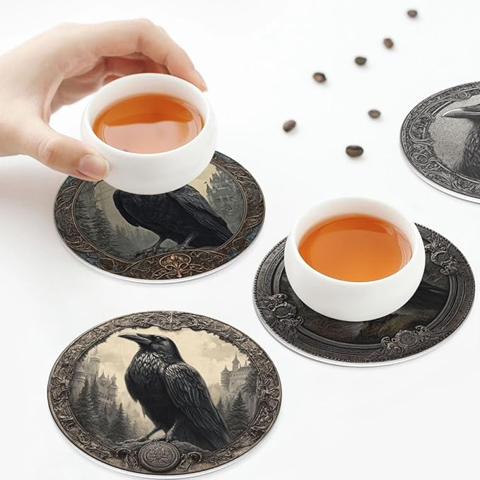 Raven Coasters for Drinks with Holder Round Leather Coasters Set of 6 Cups Mugs Mat Pad for Home Kitchen Bar