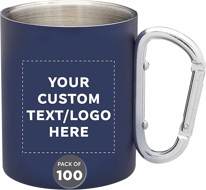 Custom Stainless Steel Mugs with Carabiner Handle 10 oz. Set of 100, Personalized Bulk Pack - Perfect for Coffee, Soda, Other Hot & Cold Beverages - Navy Blue