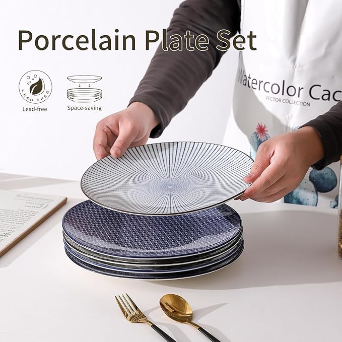 Dinner Plates Set of 6, 10.5 Inch Ceramic Dish Set Plate Set for Kitchen, Microwave, Oven and Dishwasher Safe, Scratch Resistant