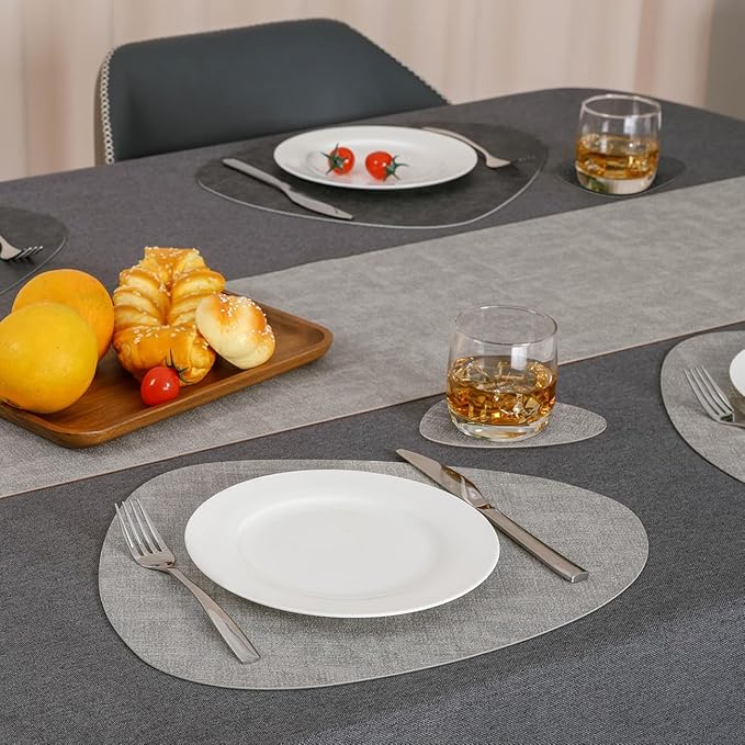 Placemats and Coasters, Washable Placemats Round Faux Leather Wipeable Place Mats Non Slip Heat Resistant Indoor Outdoor Table Mats (Set of 6, Light Gray Gray)