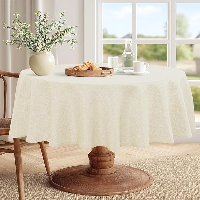 JIUZHEN Round Table Cloth Faux Linen Farmhouse Tablecloth Wrinkle & Stain Resistant Table Cover for Kitchen Dining, Holiday Party Dinner, Champagne, 80 Inch Round