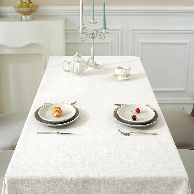 JIALE Textured Tablecloths, Heavy Duty Cotton Linen Farmhouse Table Cloth Rectangle Table, Waterproof Wrinkle-Free Rectangle Tablecloth for Kitchen, Dining, Parties, 55"x106", Ivory
