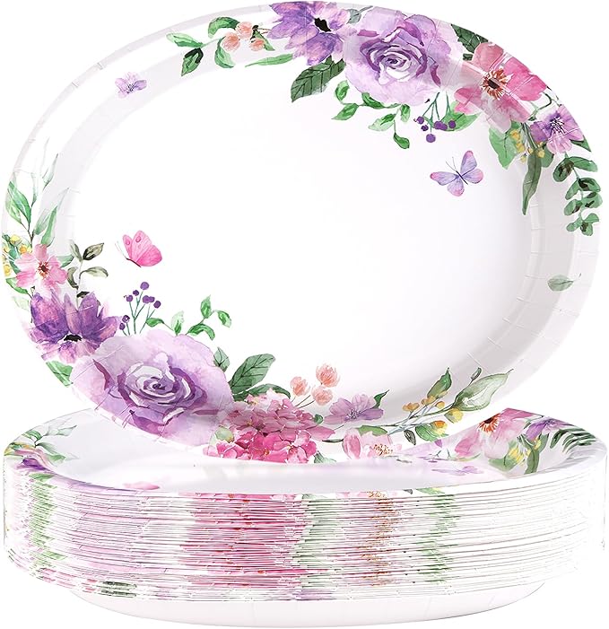 50Pcs Floral Oval Paper Plates 10" x 12" Large Heavy Duty Disposable Watercolor Purple Floral Butterfly Paper Plates Spring Rose Flower Dessert Platters for Bridal Shower Wedding Supplies Decorations