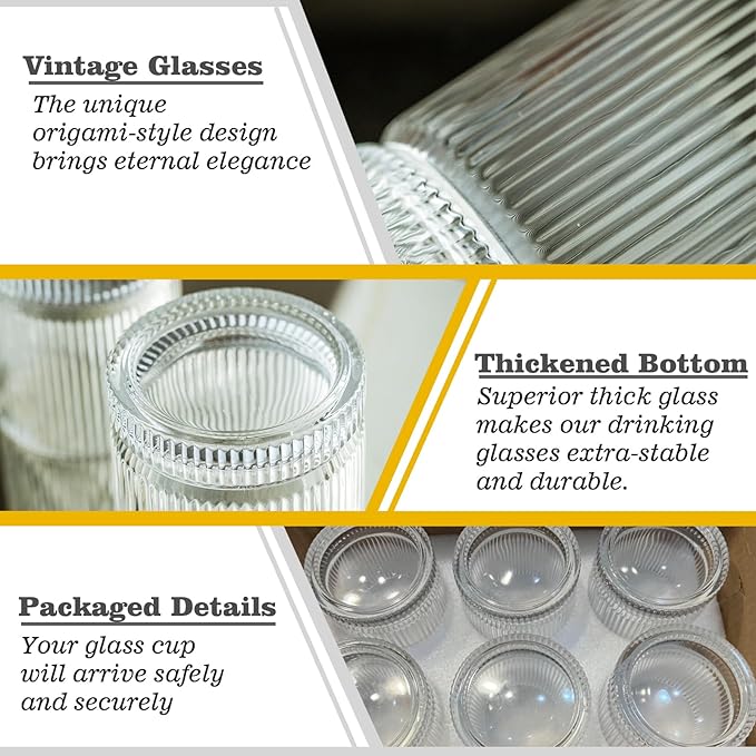 KEMORELA Drinking Glasses Set of 8, Ribbed Glassware, 13 Oz Old Fashioned Whiskey Glass, Vintage Glassware, Origami Style Cocktail Glasses, Clear Bar Glasses for Iced Coffee & Beverages (8PCS)