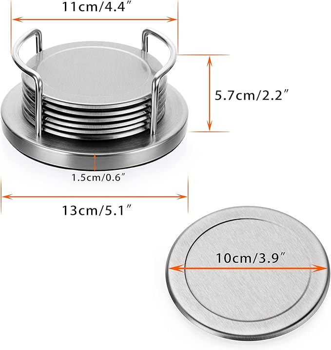 JUXYES Set of 6 Stainless Steel Round Coasters with Holder & Sponge Bottom, Silver Metal Cup Coasters Set Stunning Cool Coaster Cups Mats Decor for Restaurant Kitchen bar Dining Table