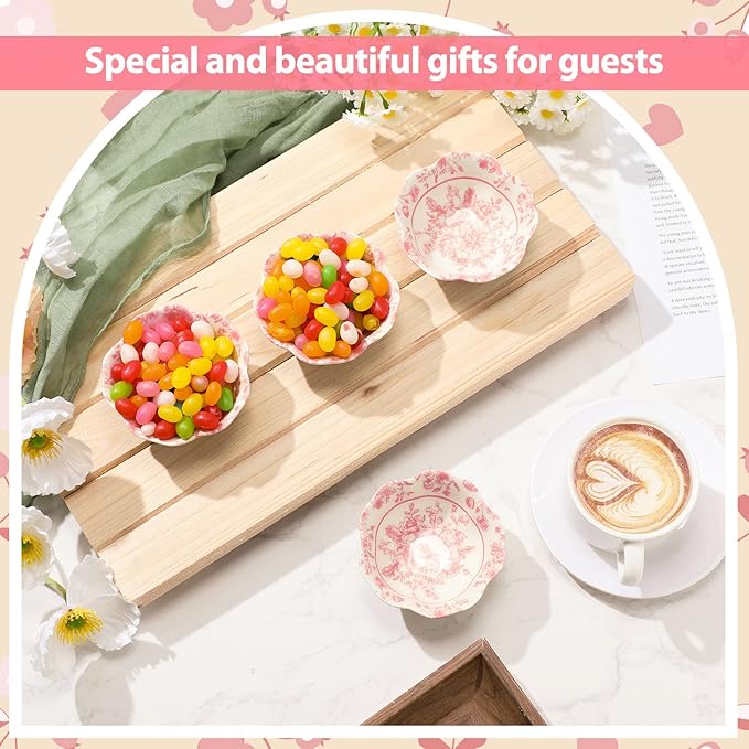 48 Pcs Wedding Favors for Guests Small Ceramic Bowl Bulk Gifts Set 3.3 Inch Floral Design Mini Dipping Sauce Dish with Card Box for Bridal Pooja Baby Shower Birthday Guest Gift (Pink)
