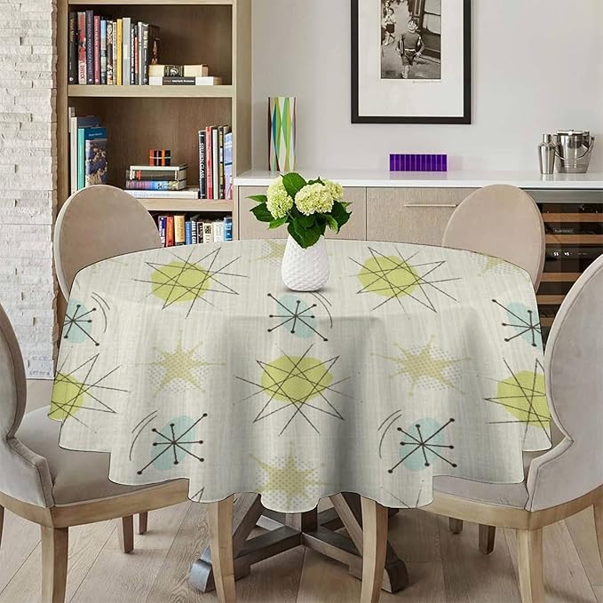 Mid Century Retro Round Tablecloth, Modern 1950s Style Abstract Geometric Vintage Print Tablecloth for Home Party Dining Room Kitchen Decor 36Inch(90cm)