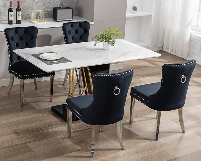 KCC Velvet Dining Chairs Set of 2, Upholstered High-end Tufted Dining Room Chair with Nailhead Back Ring Pull Trim Stainless Steel Legs, Contemporary Nikki Collection Modern Style for Kitchen, Black