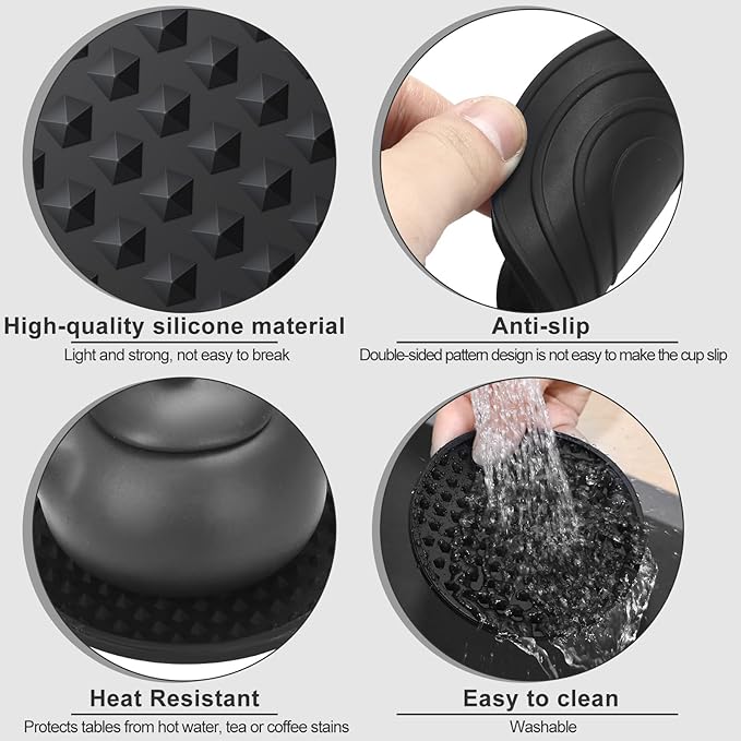 Eccliy 60 Pack Silicone Coasters for Drinks Nonslip Silicone Drink Coasters Cold Hot Heat Resistant for Table Tabletop Coffee Bar (Black)