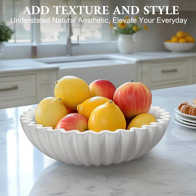 MAONAME Concrete Decorative Bowl, White Fruit Bowl for Kitchen Counter, Modern Handicraft Coffee Table Key Bowls, Large Scalloped Ruffle Bowls for Entryway, Home Decor