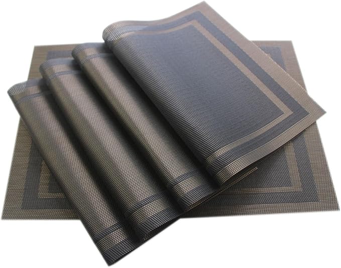 Placemats for Kitchen Woven Vinyl Table Placemat Heat-resistand Table Plastic Mats Set of 4 (Gold+Black)