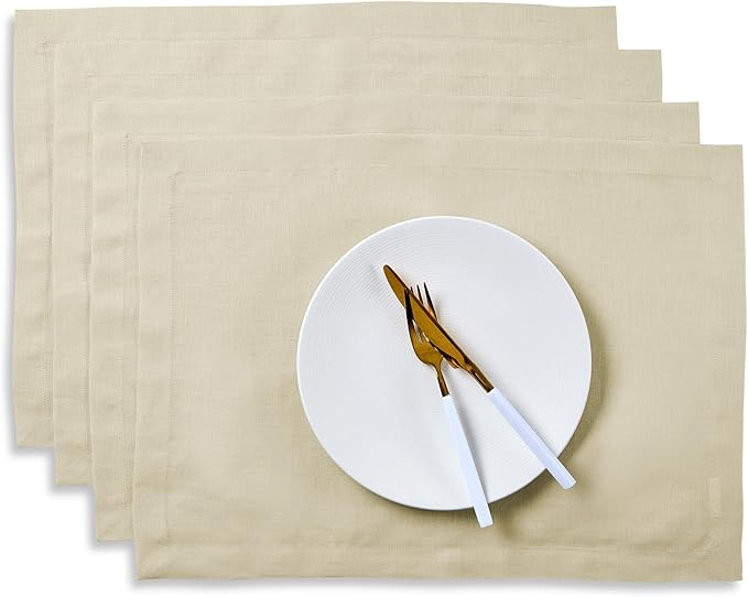 Solino Home Linen Cloth Placemats Set of 4 - 100% Pure Linen Birch Placemats 14 x 19 Inch for Spring, Easter - Fete