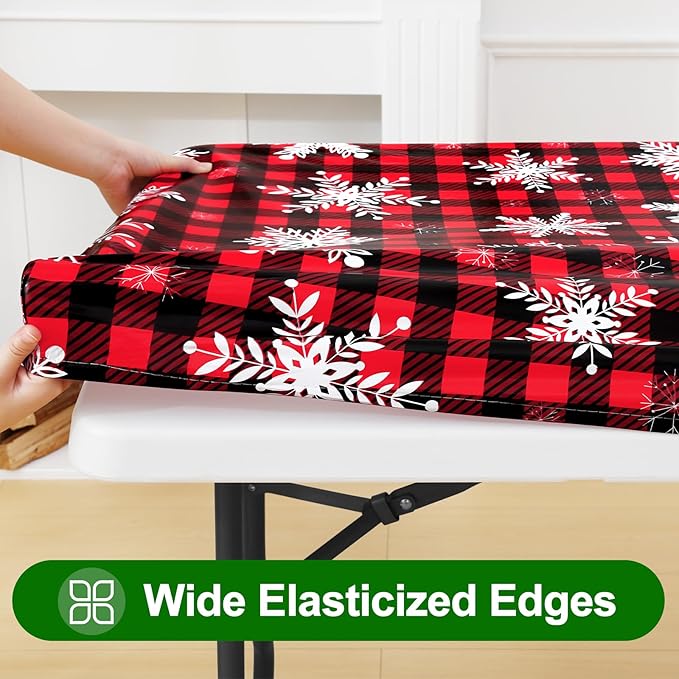 Smiry Plastic Christmas Tablecloth, Buffalo Plaid Waterproof Elastic Fitted Table Covers, Wipeable Flannel Backed Vinyl Tablecloths for Dinner, and New Year Celebration (Black & Red, 30x48 Inches)