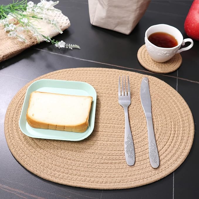 4 Pack Oval Woven Placemats and Set of 4 Round Fabric Coasters, Cotton Braided Tablemat Set, Heat-Resistant Pot Holders, 11.5 * 15.8'' Washable Plate Chargers for Christmas Table Decoration