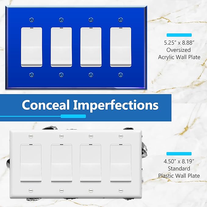 LIDER Reflective Acrylic Decorator Wall Plate, Mirrored Light Switch Plate, Plexiglass Outlet Cover, Acrylic Glass, Oversized 4-Gang 5.25" x 8.88", LWP-34O-ABL5P, Blue, 5 Pack