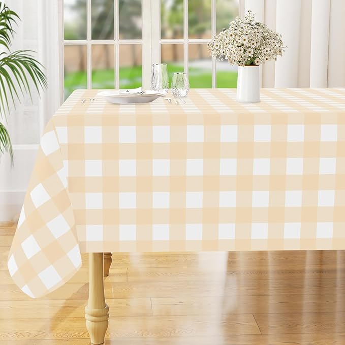 misaya Rectangle Waterproof Vinyl Table Cloth, Buffalo Flannel Backed Tablecloth, Wipeable Plastic Table Cover for Dinner, Kitchen, Outdoor (52" x 70", Beige and White)