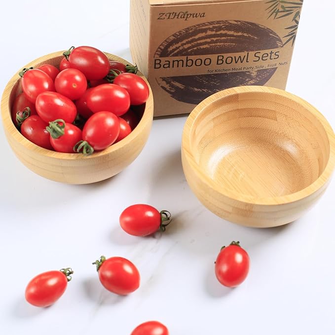 Soup Bowls Set of 2 for Dessert/Cereal/Pasta/Fruit | Natural Bamboo Serving Bowls for Nuts/Candy/Snacks/Pistachio | Charcuterie Accessories for Dipping/Condiments/Sauce | 8.45 oz Capacity