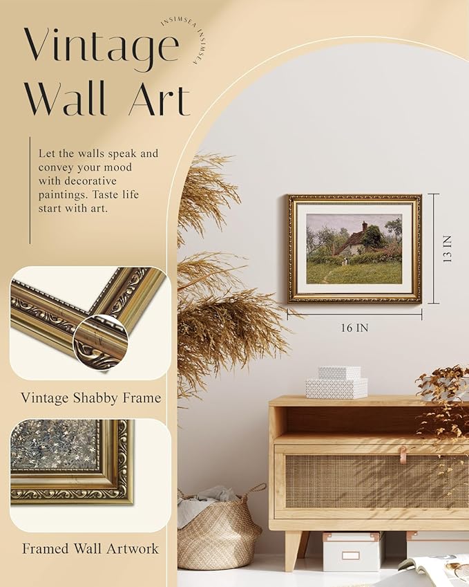 InSimSea Retro Gold Framed Wall Art, Home Room Countryside Old Cottages Vintage Wall Decor, Canvas Print Artwork, Farmhouse Country Decor, Antique Picture Frame Landscape Paintings, 13x16 Inch