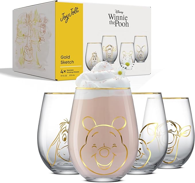 JoyJolt Disney Winnie the Pooh Gold Sketch Stemless Drinking Glasses Set of 4, 19oz Glass Cups ft Pooh Bear Tigger Piglet Eeyore, Disney Kitchen Glassware Set, Winnie the Pooh Adult Gifts