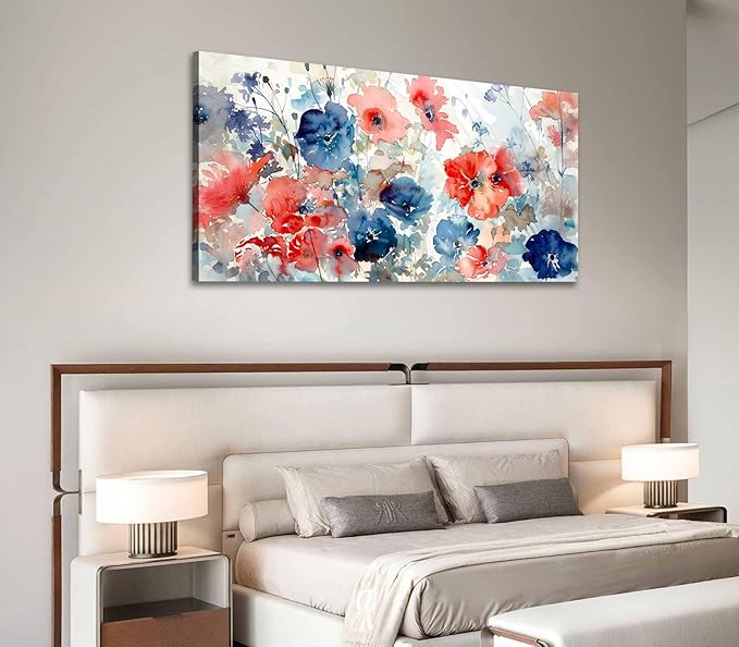 ADJUVANT Wall Art Watercolor Vibrant Floral 40"L x 20"W, Colorful Poppies With Soft Hues Canvas Painting Lively Blooms Artwork Delicate Tones Prints Wall Decor for Living Room Bedroom Bathroom Home Office