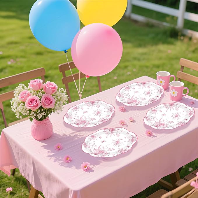 50Pcs Pink Floral Oval Paper Plates 10" x 12" Large Pink and White Floral Scalloped Plates Disposable Heavy Duty Vintage Flower Dessert Platters for Wedding Bridal Shower Decoration Tea Party Supplies