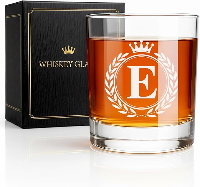Whiskey Glasses - Rocks Old Fashioned Glass Gifts for Men, Monogrammed A-Z 10oz Personalized Whisky Glasses, Christmas Birthday Gifts for Men Him Dad Father Husband Brother Son (E)