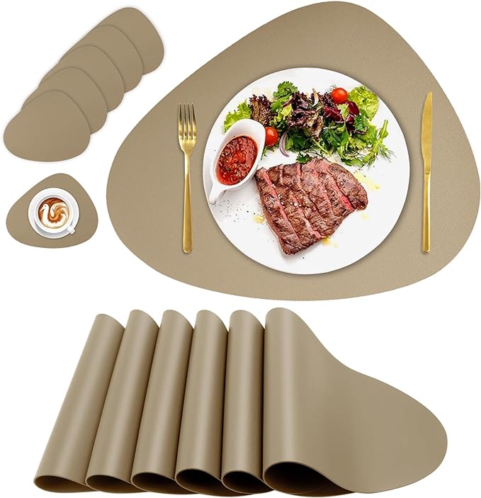Placemats Set of 6, Placemat with Coasters Heat Stain Scratch Resistant Non-Slip Waterproof Oil-Proof Washable Wipeable Outdoor Indoor for Dining Patio Table Kitchen Decor and Kids-Apricot