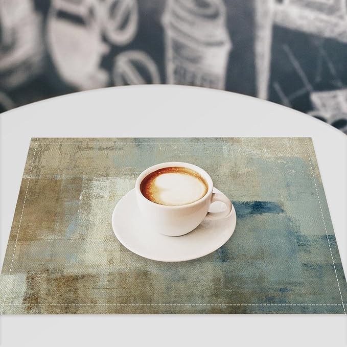 Gradient Placemat Set, Modern Minimal Fashion Abstract Beige Brown Blue Art Oil Painting Brush Strokes Patchwork Pattern Home Decor Linen Table Mats for Dining Room Kitchen Party (17x12in) x4P