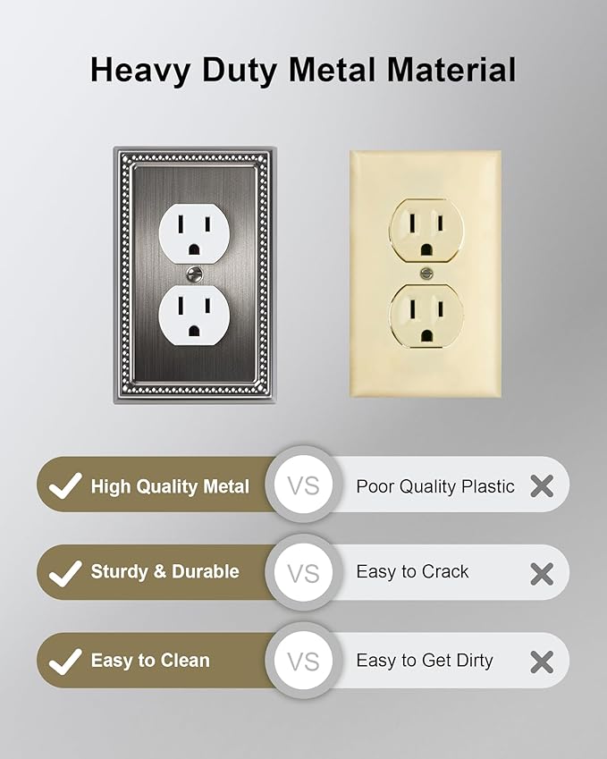 4-Pack Duplex Outlet Cover, Silver Metal Wall Plates for Electrical Outlets, 1 Gang Receptacle Light Switch Cover, Pearls Beaded Decorative Switch Plates and Outlet Covers