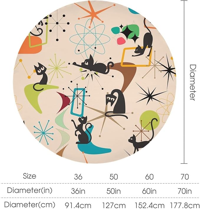 Mid Century Black Cat Round Tablecloth, Bohemian Modern Colorful Abstract Geometric Retro Art Bohemian Tablecloth for Home Party Dining Room Kitchen Decor 50Inch(127cm)