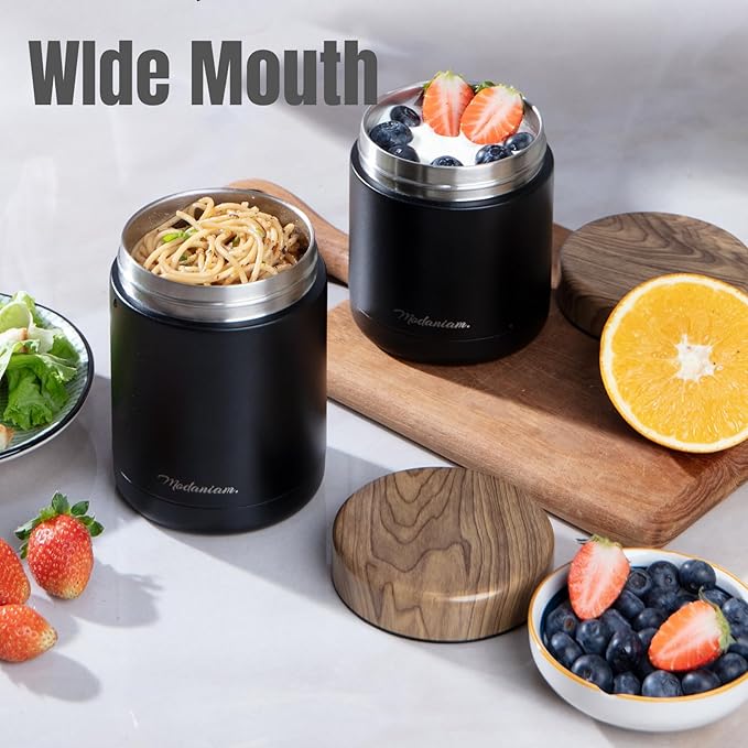 Stainless Steel Insulated Food Jar Set of 2 (16oz + 12oz) | Wide Mouth | Soup Thermo for Hot Food Lunch Container | Thermal LunchBox | Insulated Soup Bowl | Hot and Cold Lunch Box for Adults | Black